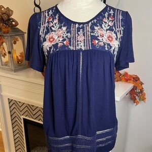 Altar'd State Deep Blue Floral Embroidered Top